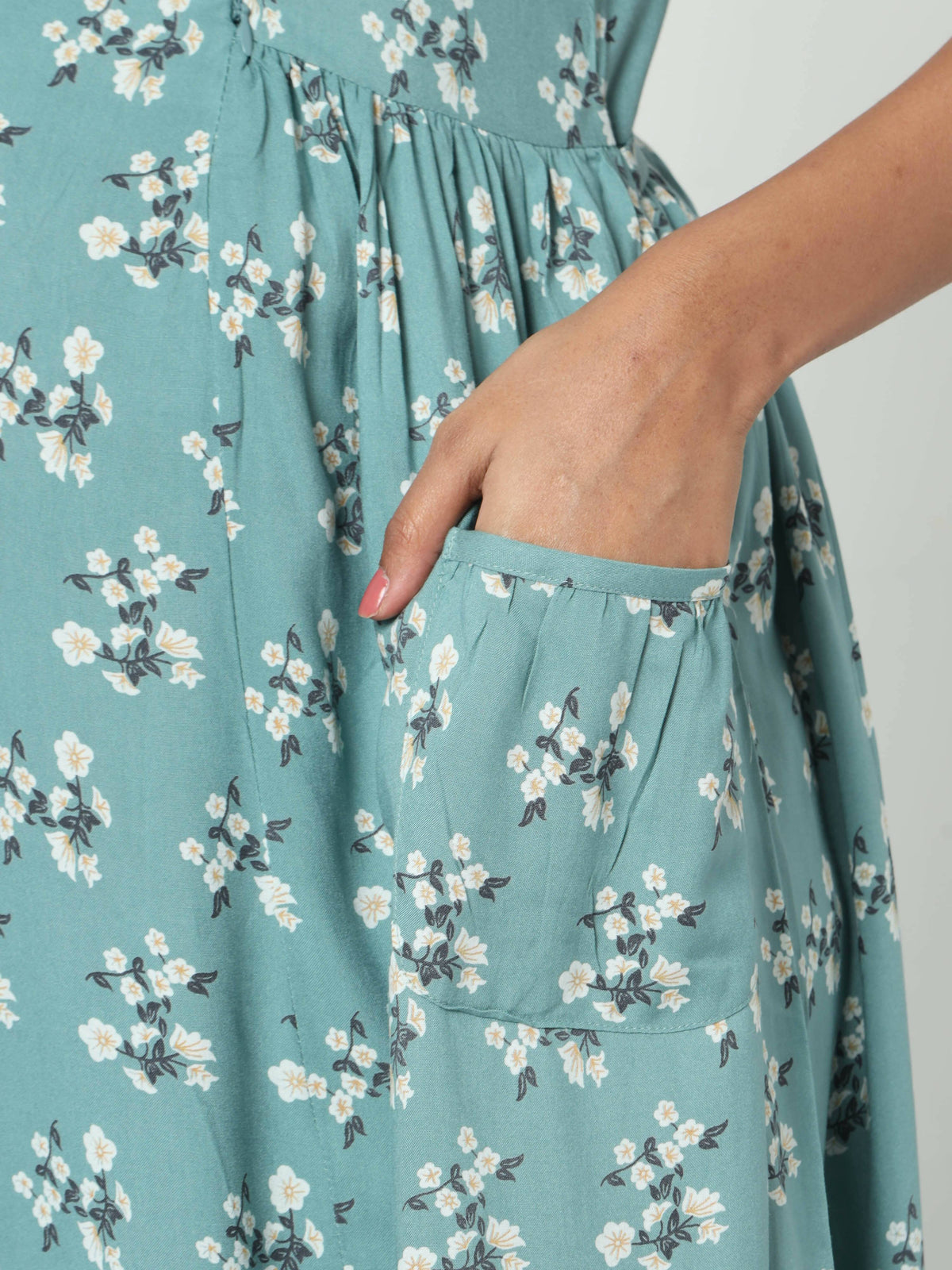 Manet Short Sleeves Maternity Dress Floral Print With Concealed Zipper Nursing Access - Green | Grocsy