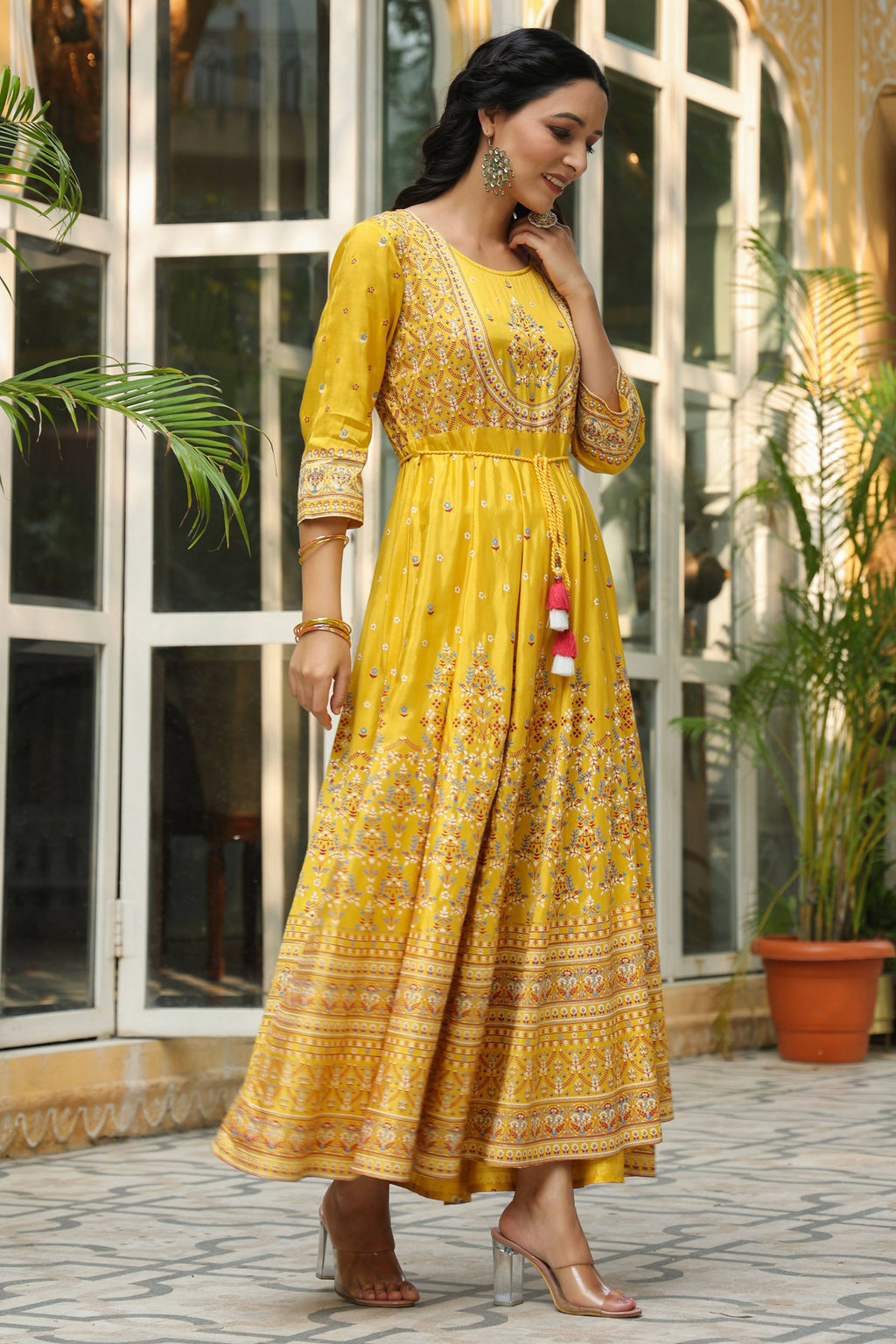 Juniper Women's Mustard Viscose Shantoon Festive Printed Flared Dress | Grocsy