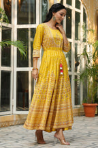 Juniper Women's Mustard Viscose Shantoon Festive Printed Flared Dress | Grocsy
