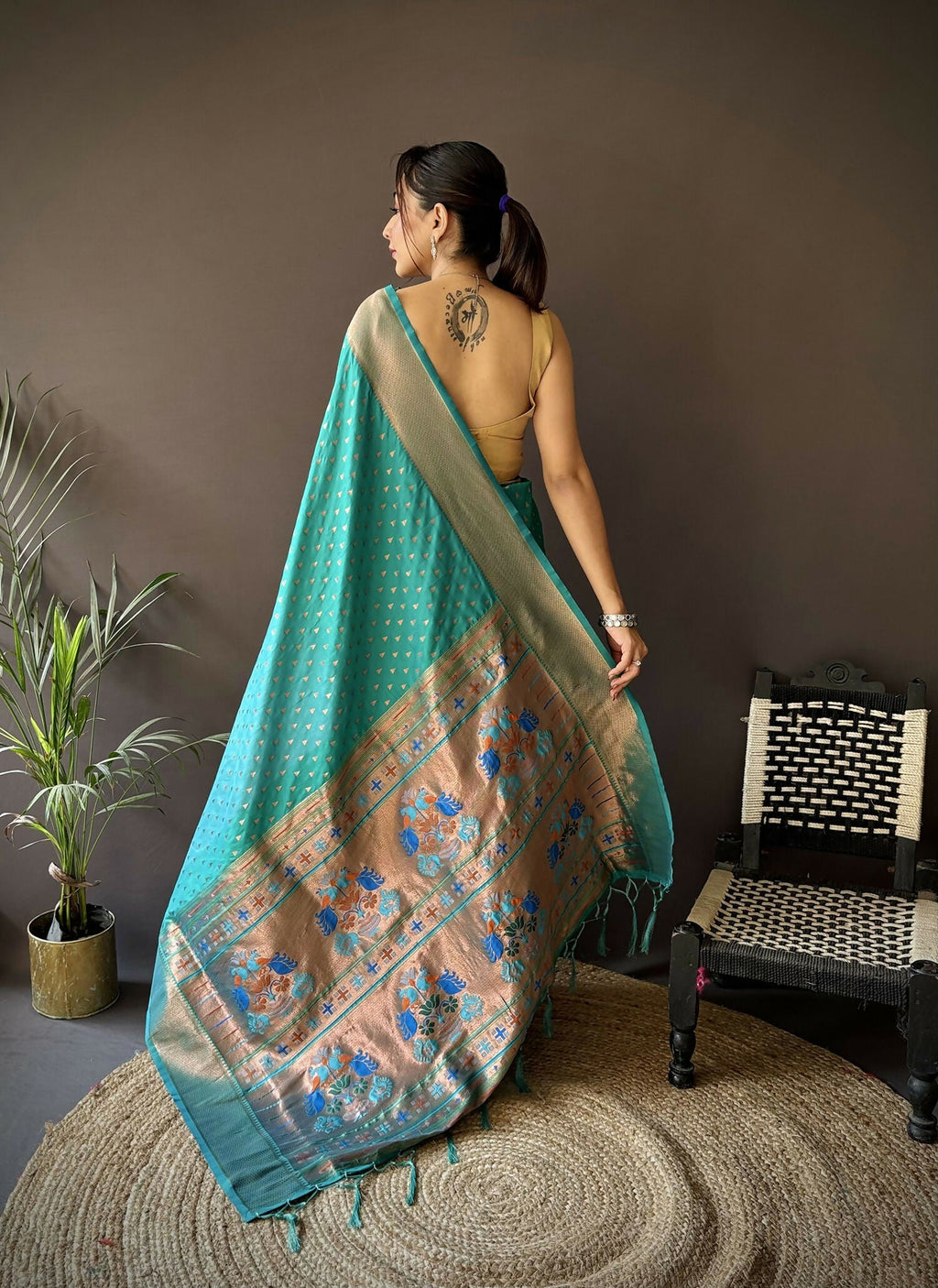 Joban Fashion Teal Green Jacquard Butti Soft Lichi Silk Paithani Saree | Grocsy