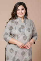 Miravan Women's Plus Size Beige Printed Gota Patti Pure Cotton Kurta With Palazzo | Grocsy