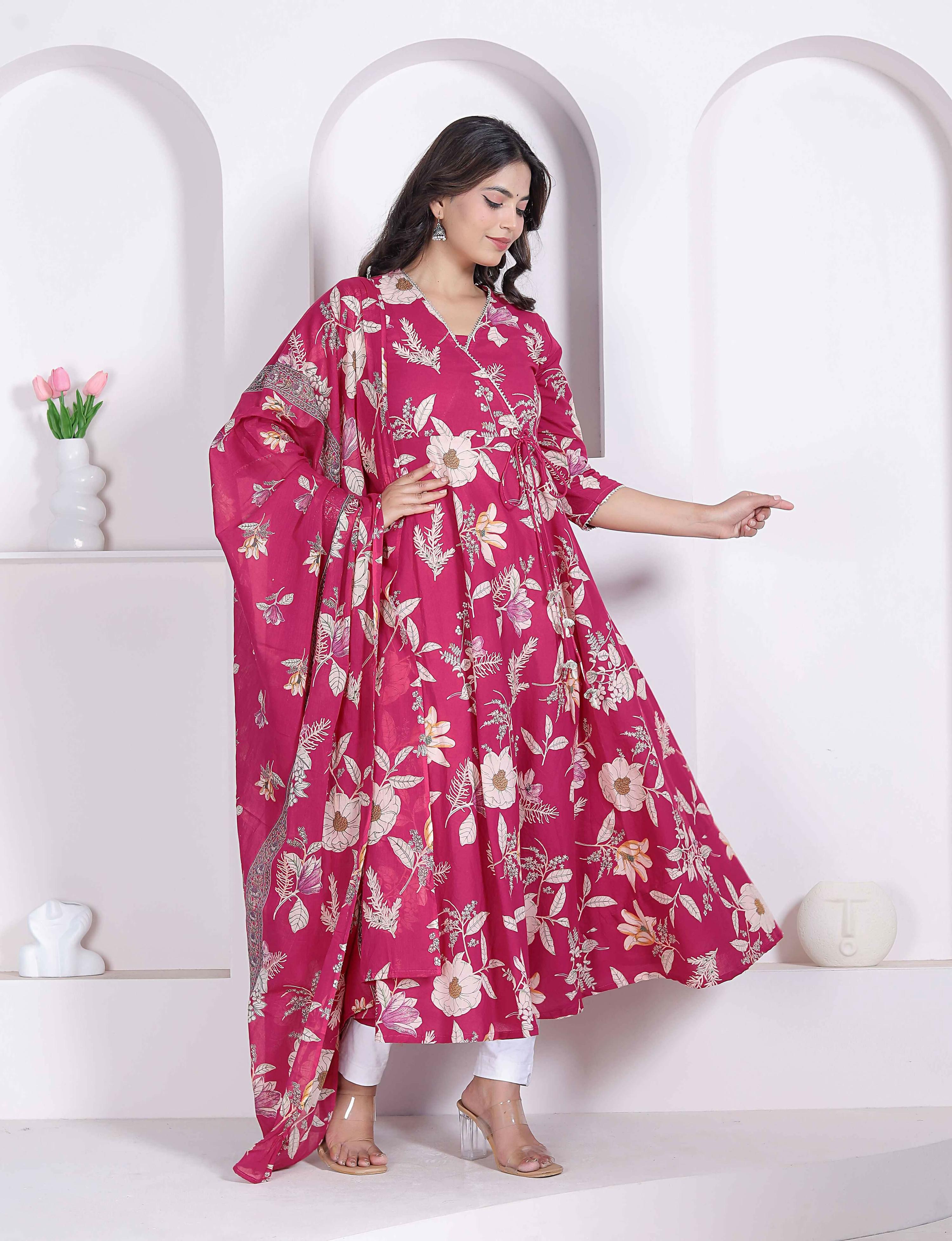 Miravan Womens Pink Floral Printed Angrakha Kurta With Dupatta | Grocsy