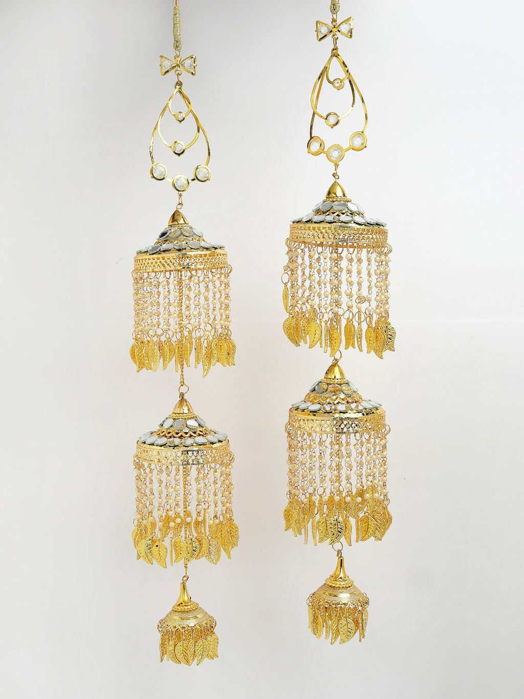 NVR Women's Pack Of 2 Gold-Polished & White Pearl Mirror Work Bridal Layered Kaleera Sets | Grocsy