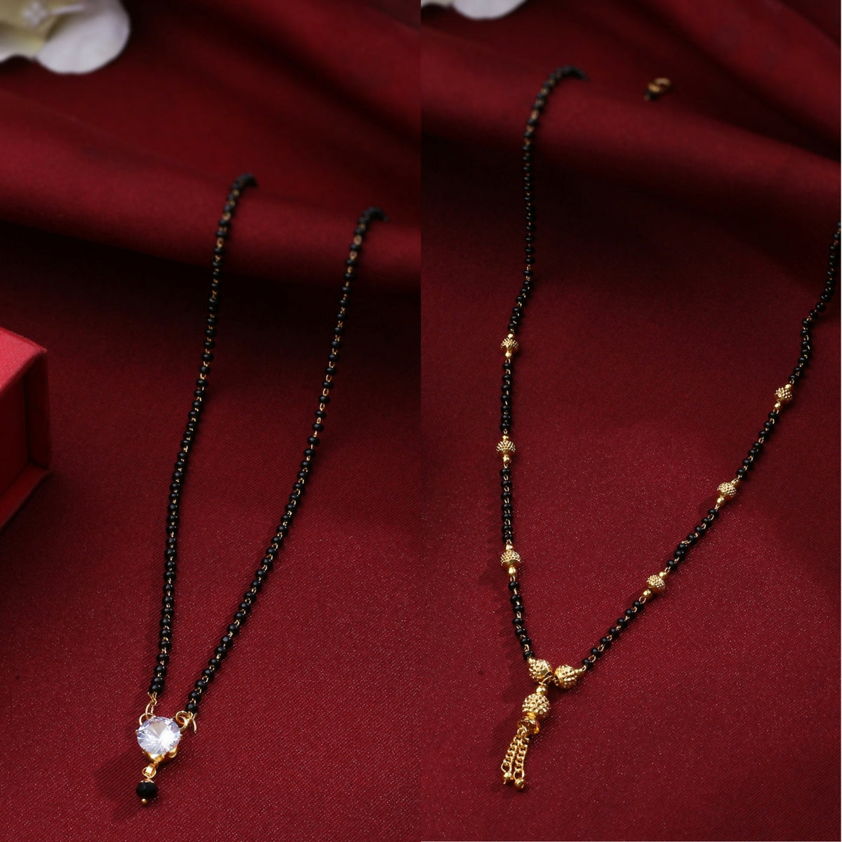 NVR Women's's Set of 2 Black Gold-Polished Beaded Mangalsutra With Ad Stone | Grocsy