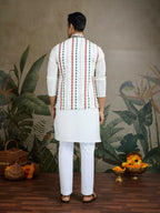 Vastranavya White Exclusive Festival Viscose Silk Thread & Swarovski Embroidered Work Mens Wear Kurta & Koti | Grocsy