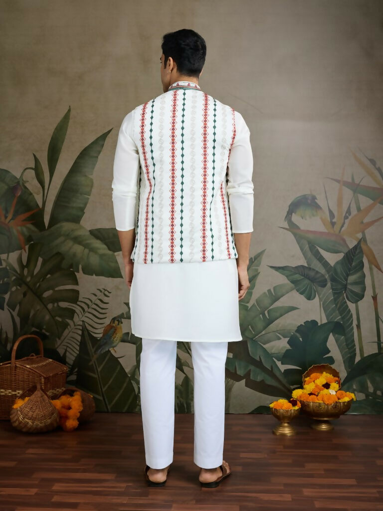 Vastranavya White Exclusive Festival Viscose Silk Thread & Swarovski Embroidered Work Mens Wear Kurta & Koti | Grocsy
