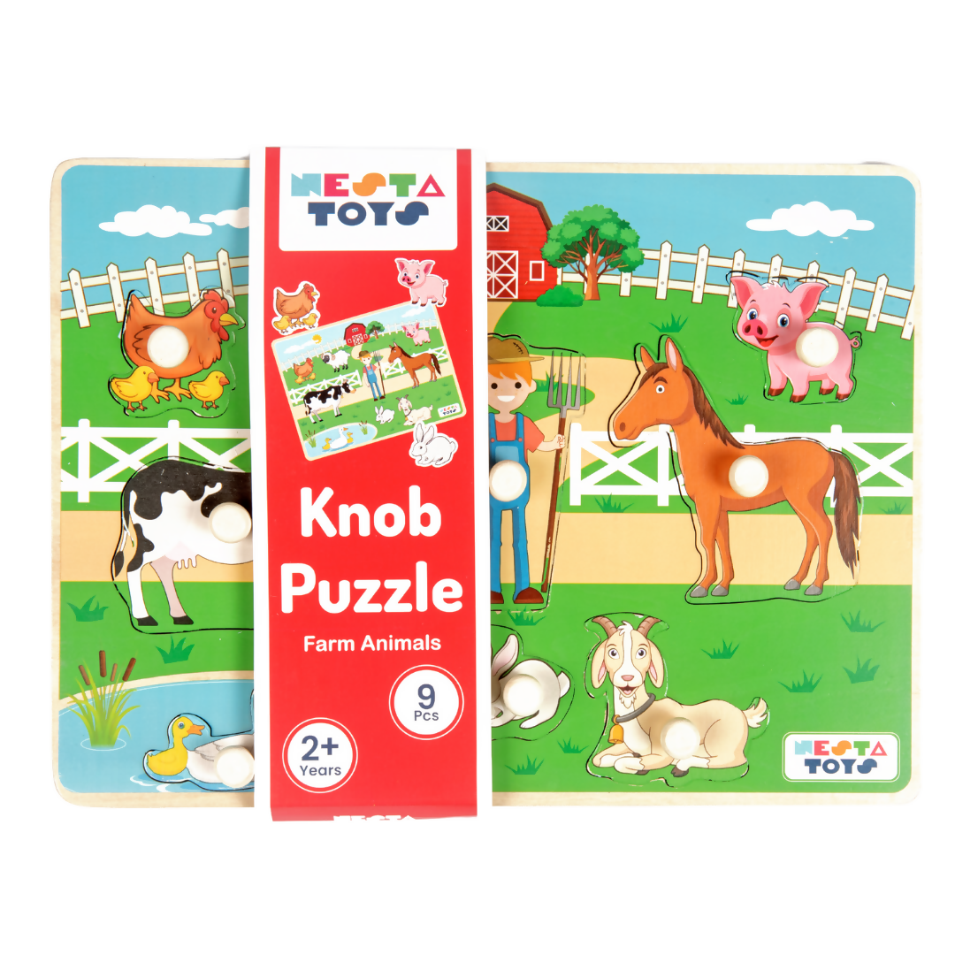 Nesta Toys Wooden Farm Animal Knob Puzzle (8 Pcs) | Grocsy