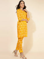 Janasya Women's Yellow Cotton Ikkat Printed Casual Straight Co-ords | Grocsy