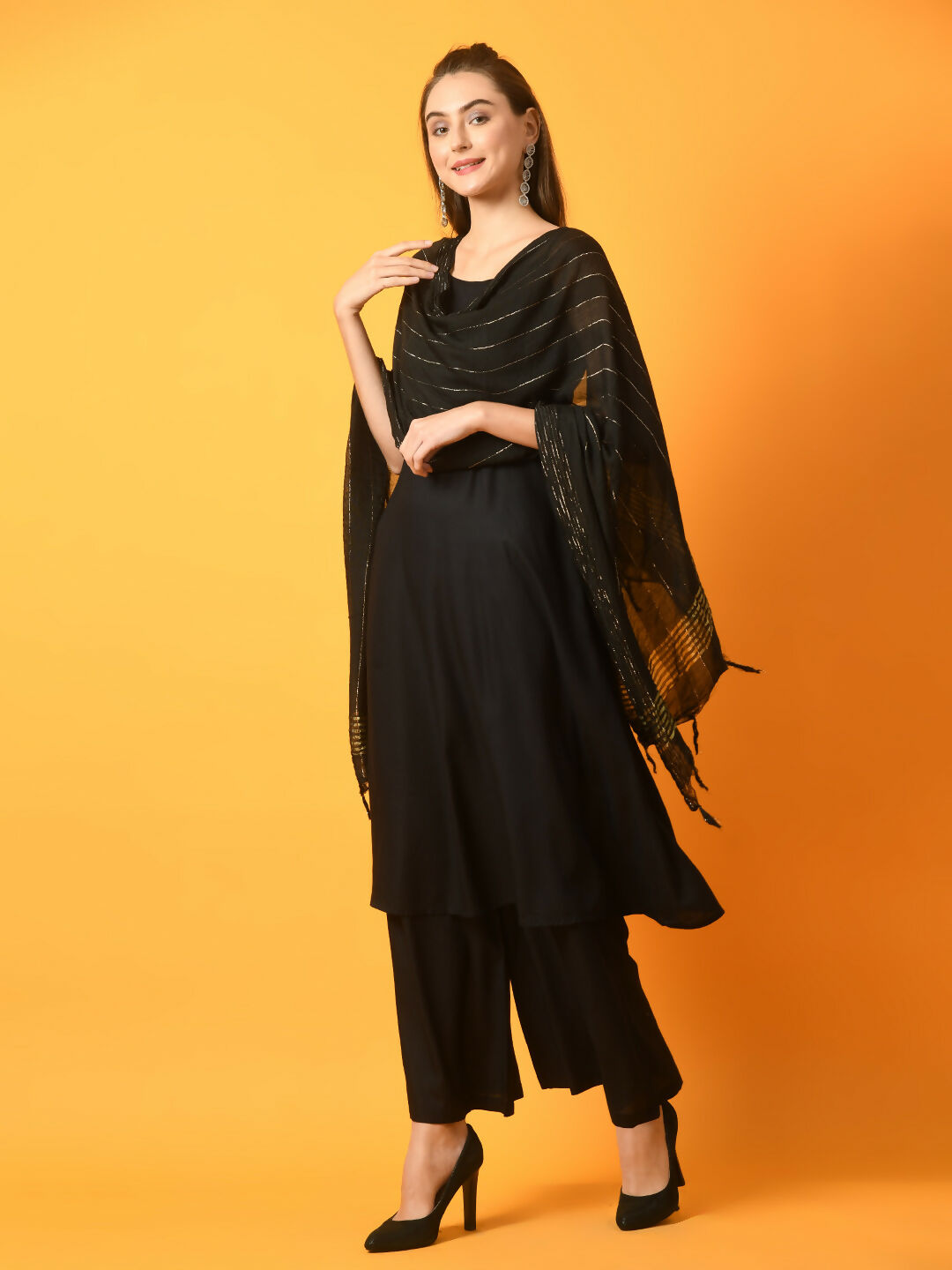 Myshka Women's Black Solid Anarkali Party Kurta Set With Dupatta | Grocsy