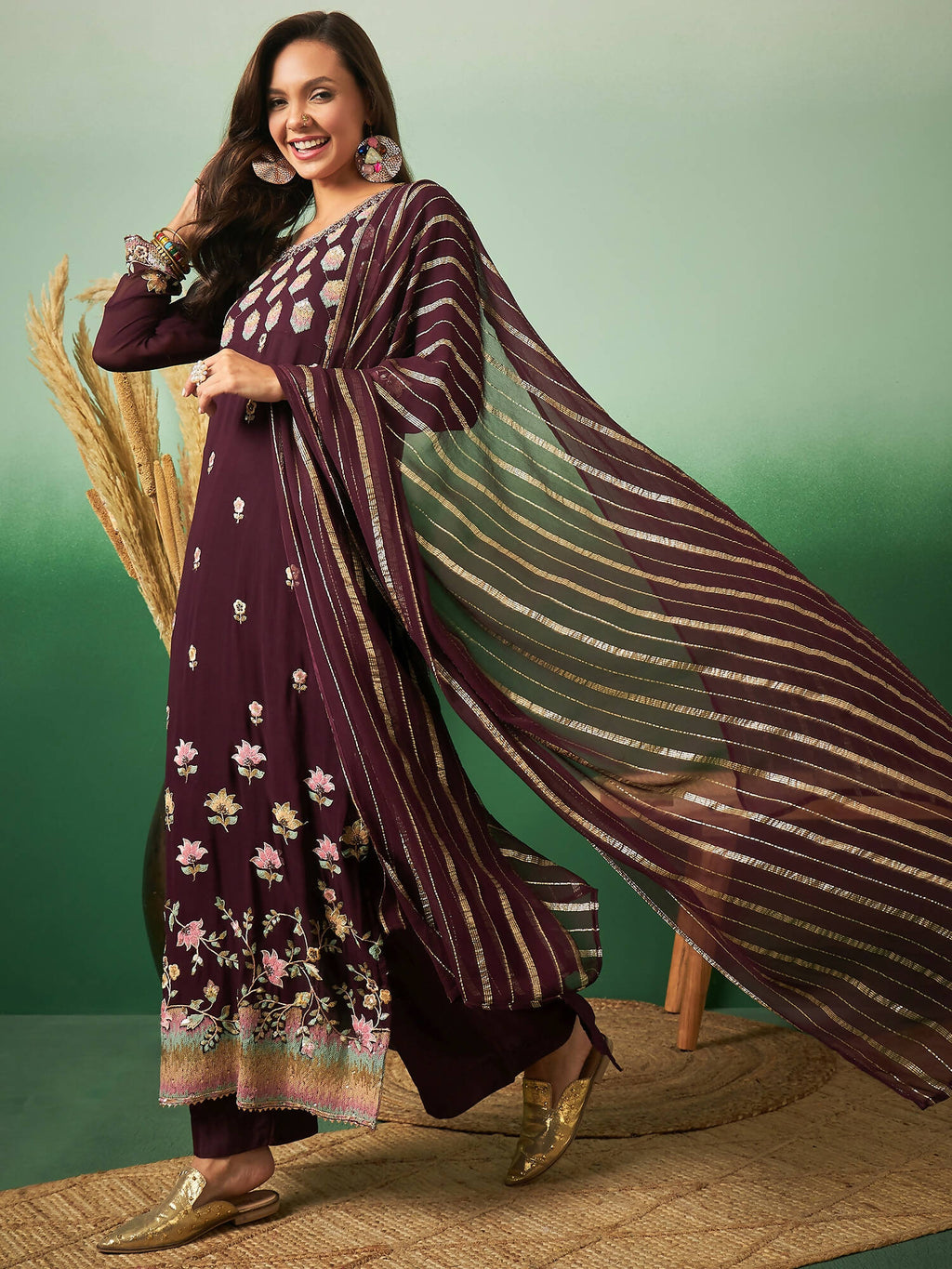 Wine Georgette Handwork Unstitched Dress Material - Hanika | Grocsy