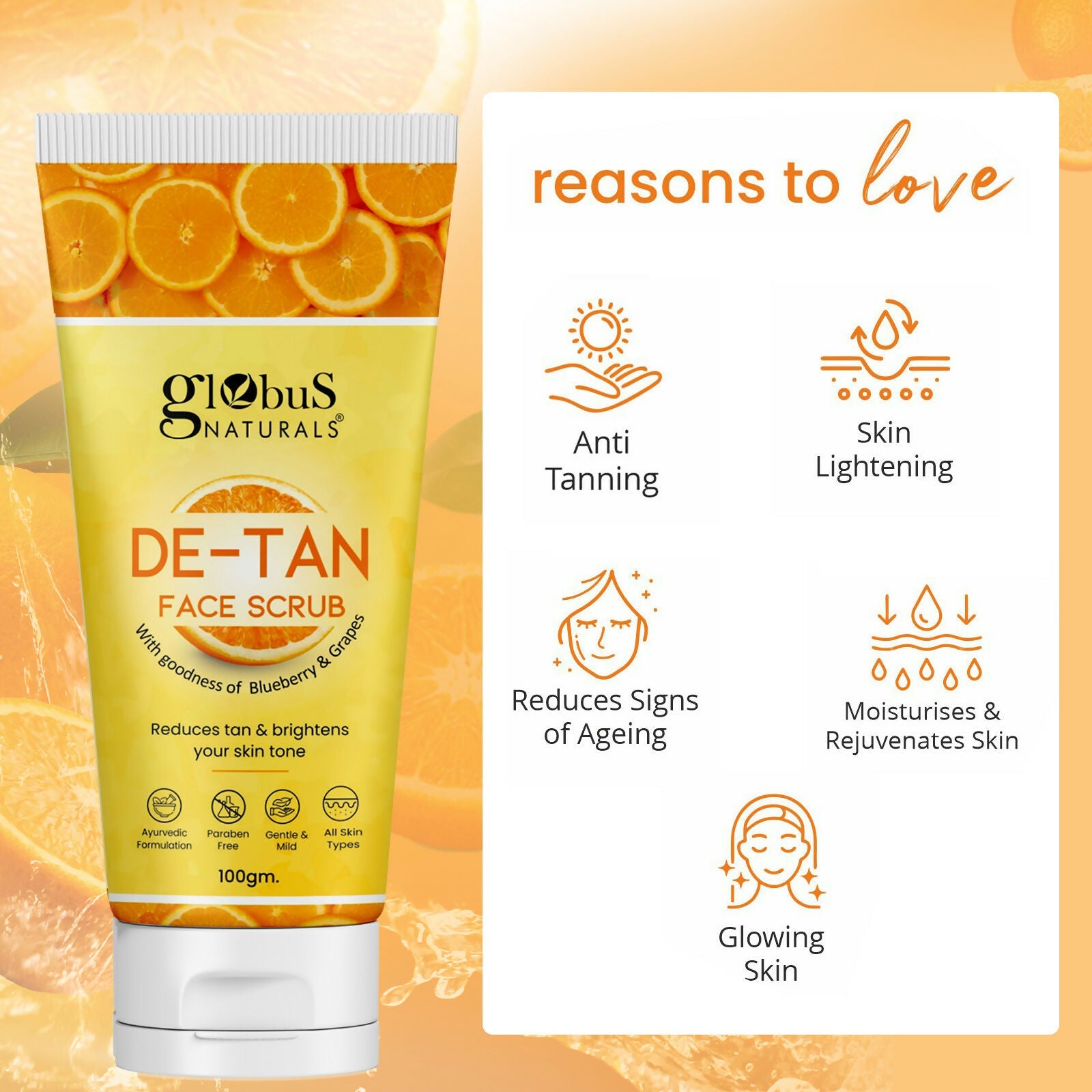 Globus Naturals De Tan Face Scrub, Suitable For All Skin Types | Grocsy