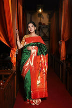Very Much Indian Triple Muniya Border Paithani- Authentic Handloom Pure Silk With Parrots Pallu - Zari Stripes | Grocsy