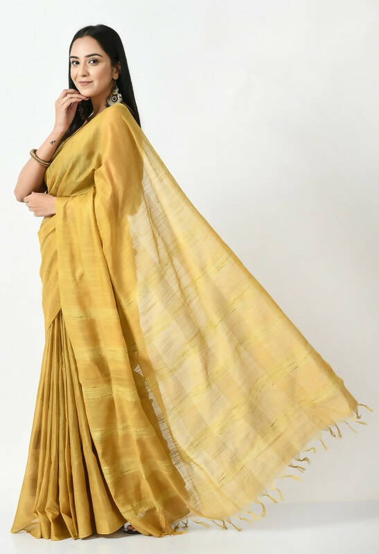 Mominos Fashion Moeza Golden Bhagalpuri Handloom 8 Line Ghichha Silk Saree with unstitched Blouse piece | Grocsy