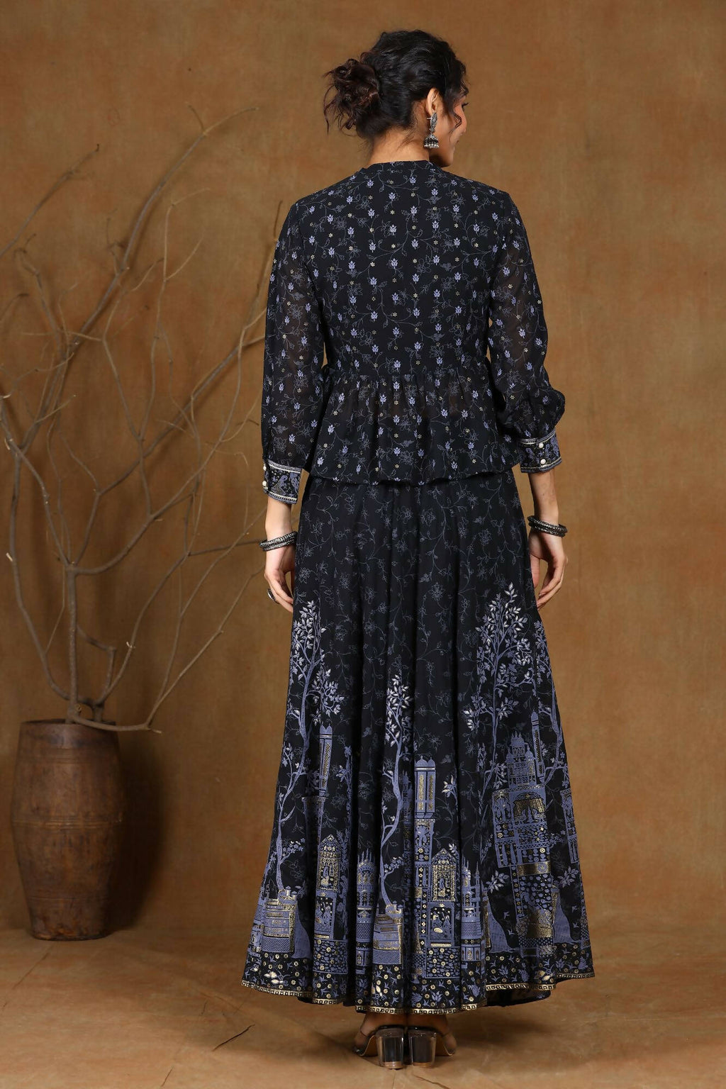 Juniper Women Black Georgette Printed Flared Lehenga Choli Sets | Grocsy