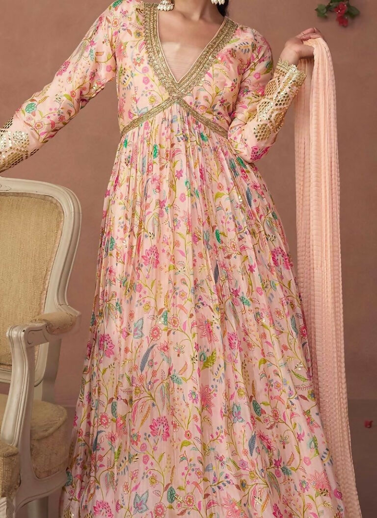 Vastranavya Peach Anarkali Suit Set In Organza Silk Floral Printed & Foil Mirror Work | Grocsy