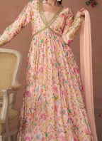Vastranavya Peach Anarkali Suit Set In Organza Silk Floral Printed & Foil Mirror Work | Grocsy