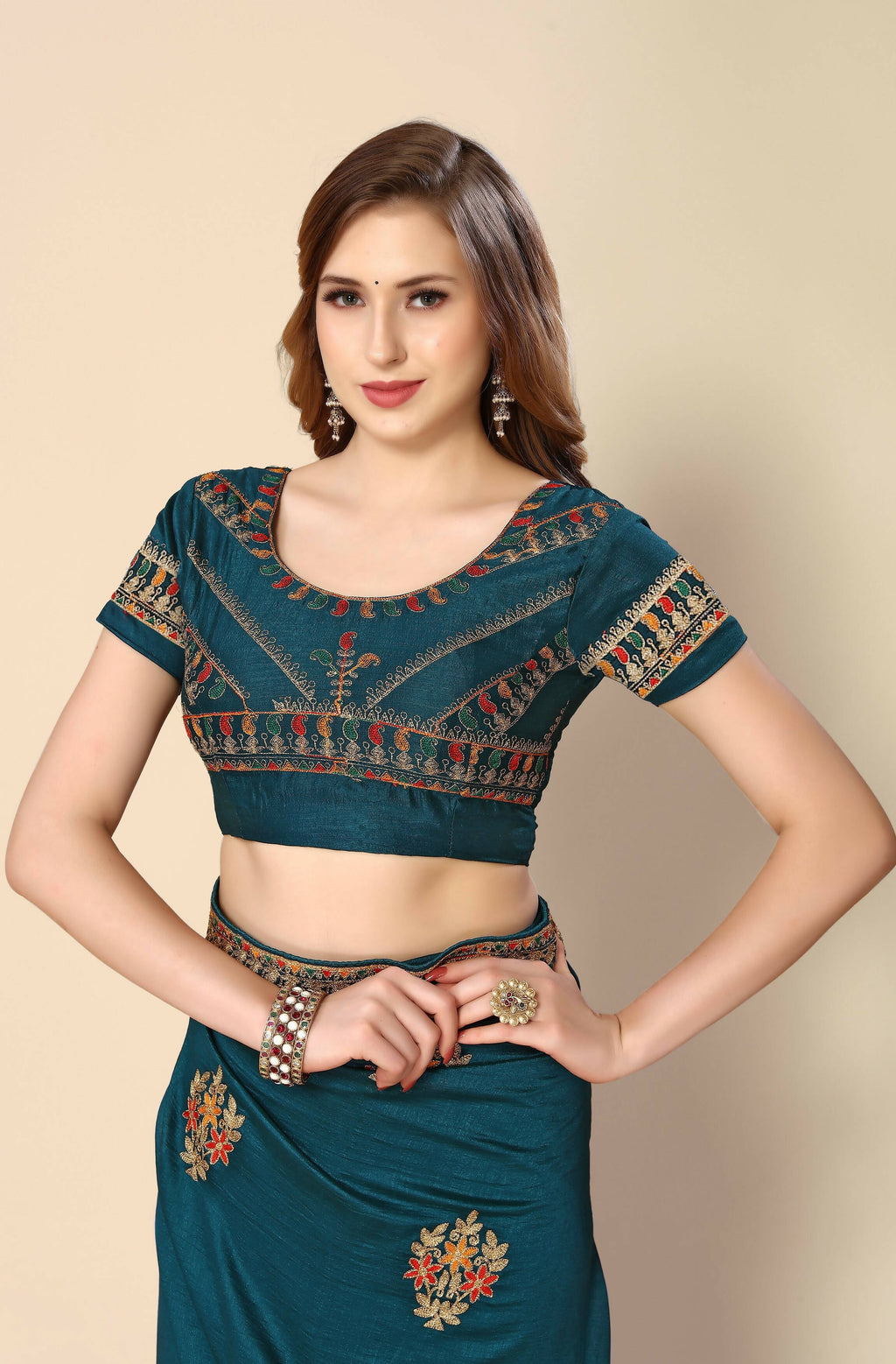 Teal Chinon Embroidered Saree with Unstitched Blouse Piece - Roozal | Grocsy
