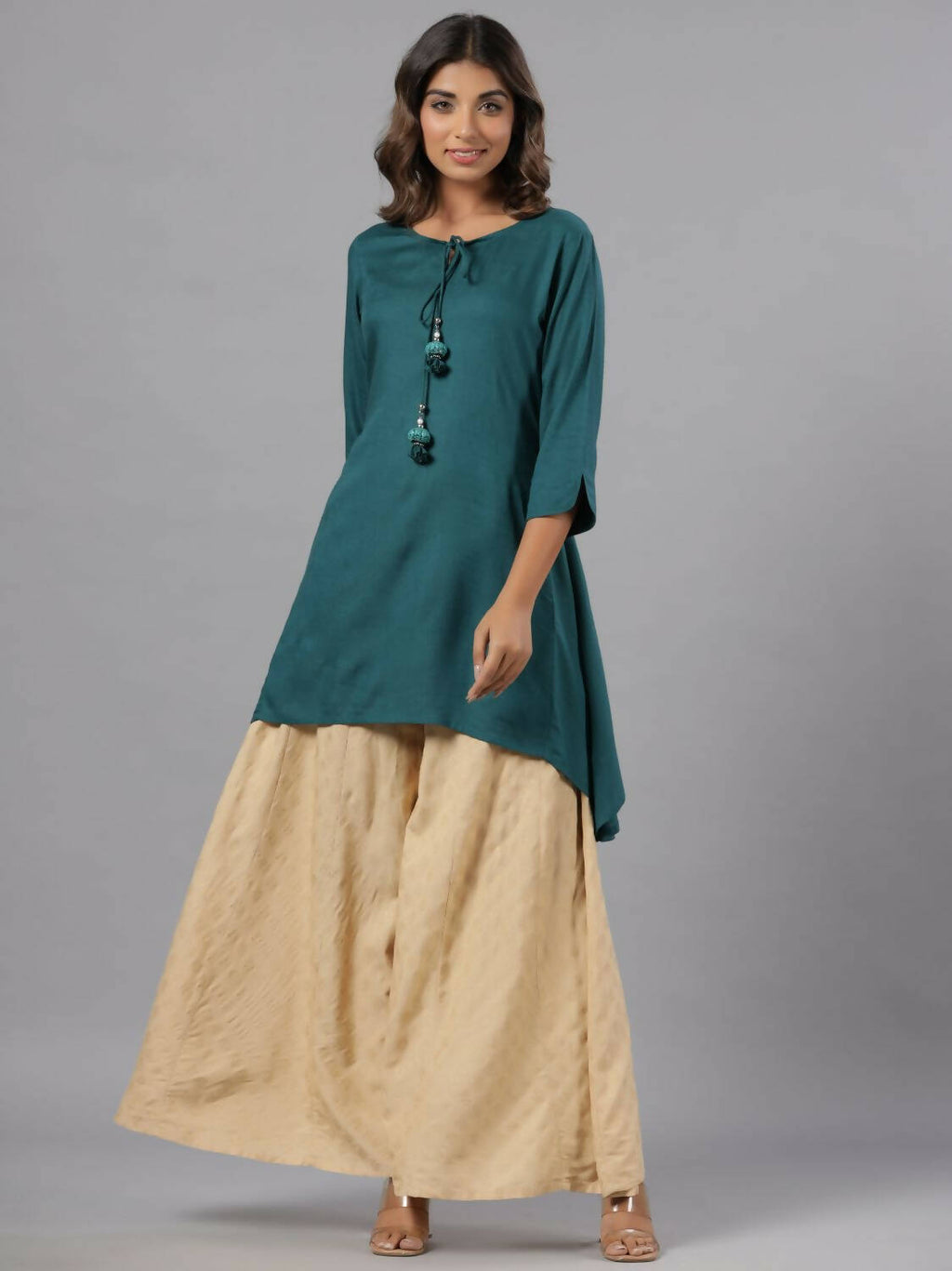 Juniper Women Teal Rayon Solid Asymmetric Kurta | Grocsy