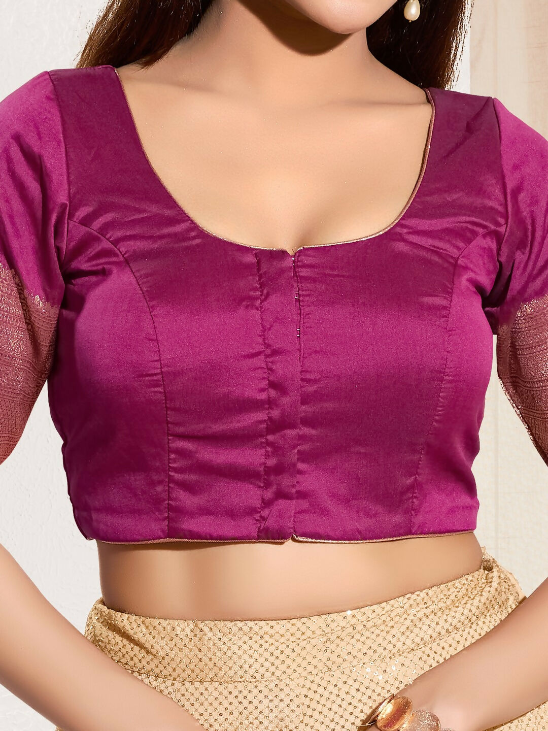 Joban Fashion South Pink Taffeta Silk Padded Blouse With Round Neck Elbow Sleeves | Grocsy