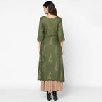Cheera Hand Block Print Olive Green Straight Kurta (MAAI-057K) | Grocsy
