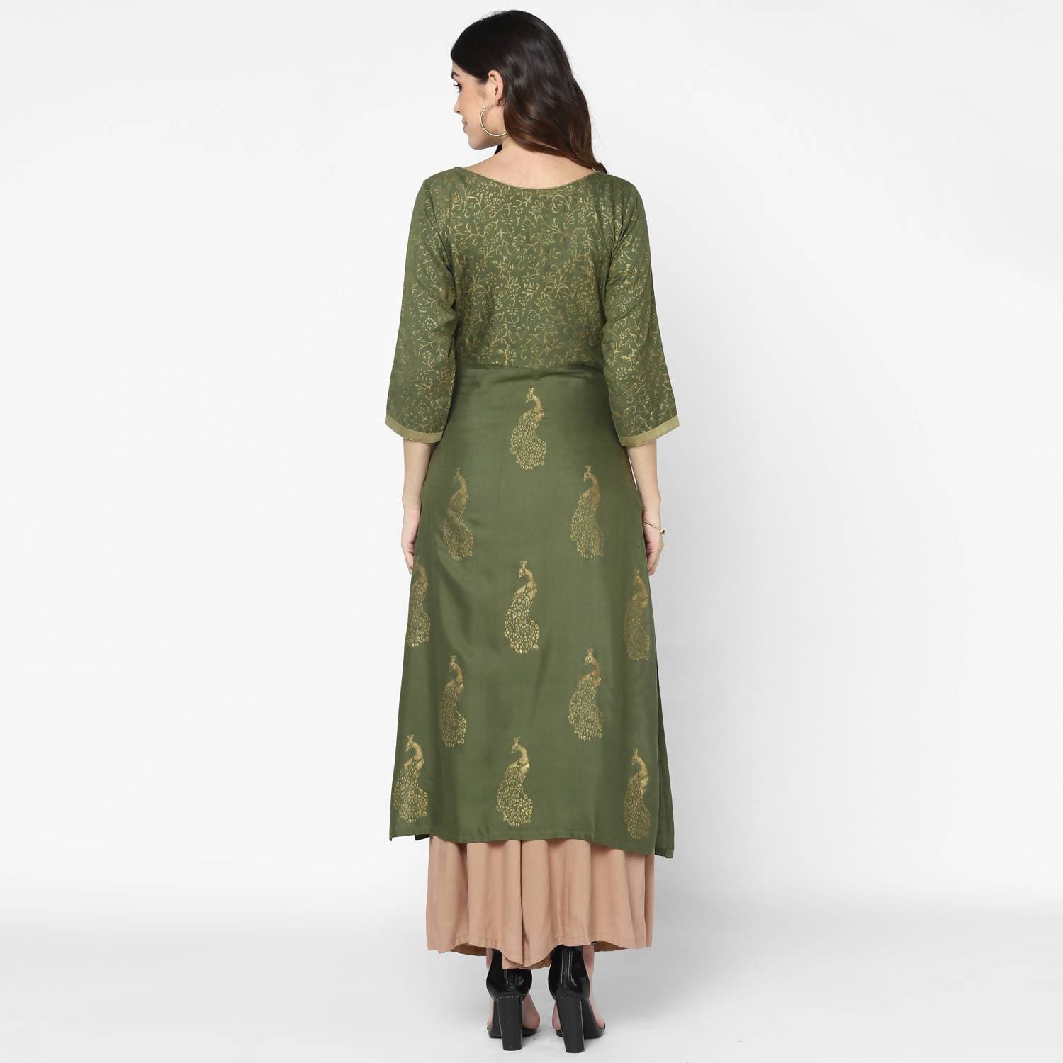 Cheera Hand Block Print Olive Green Straight Kurta (MAAI-057K) | Grocsy