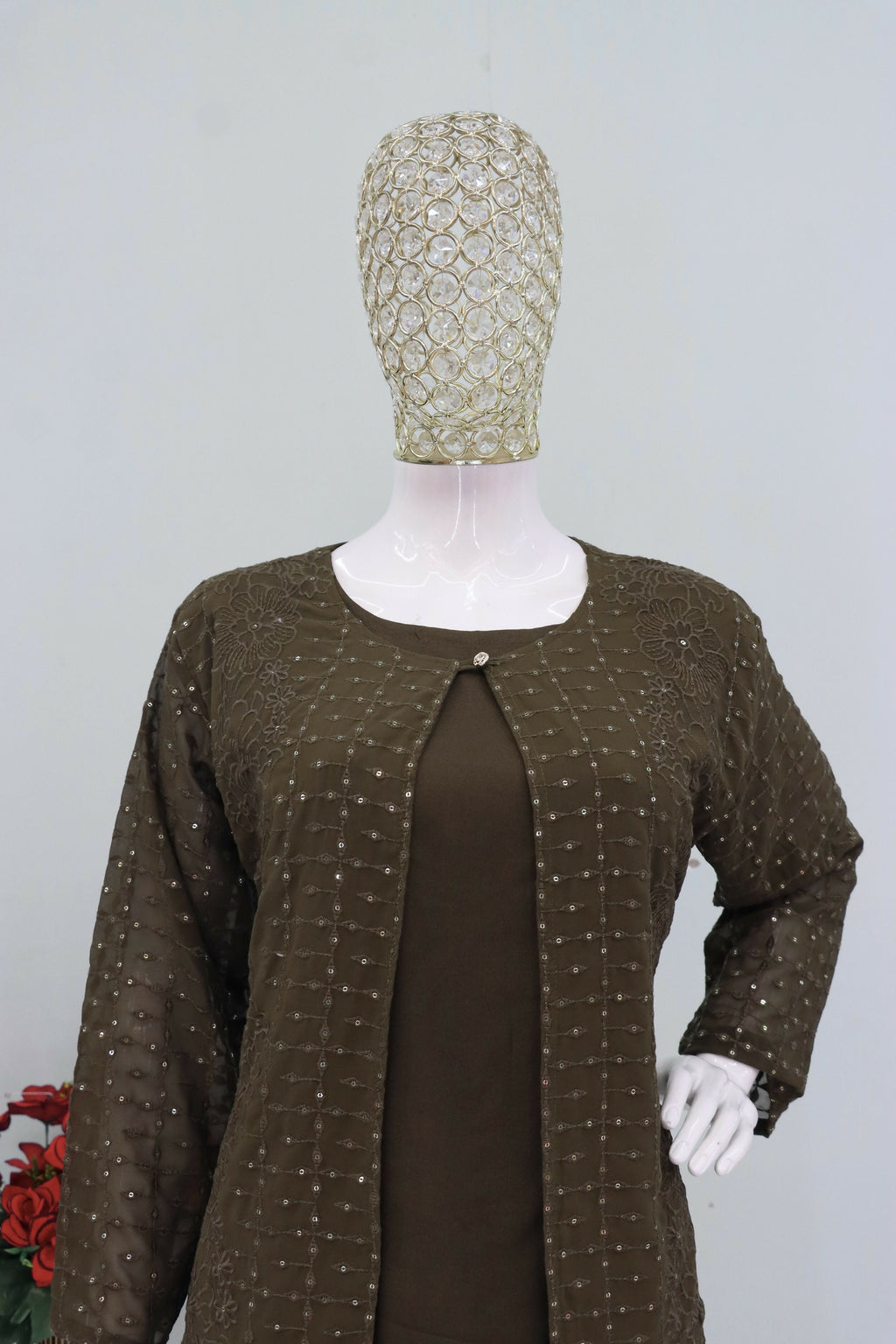 Teeya Creation Mehendi Color Faux Georgette Party Wear Designer Co Ord Set | Grocsy