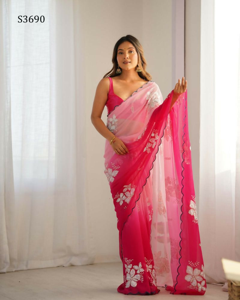 Pink Georgette Pedding Color, Embroidery Work Party Wear Saree - Erisha | Grocsy