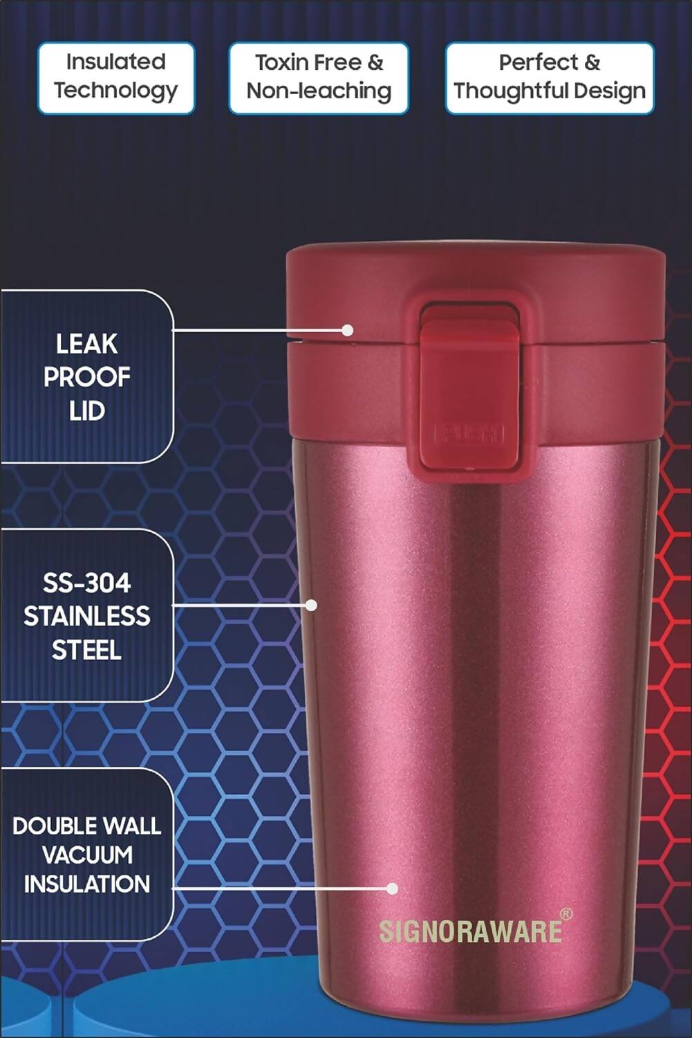Signoraware Hot Pour Coffeemate Insulated Mug Tumbler - 350 ml (Red) | Grocsy