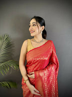 Joban Fashion Red Floral & Paisley Motifs Soft Satin Silk Banarasi Saree | Grocsy