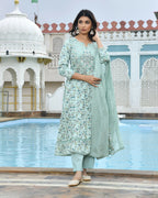 Vaasva Women's Sky Blue Cotton Anarkali Set With Solid Pant And Embroidered Dupatta | Grocsy