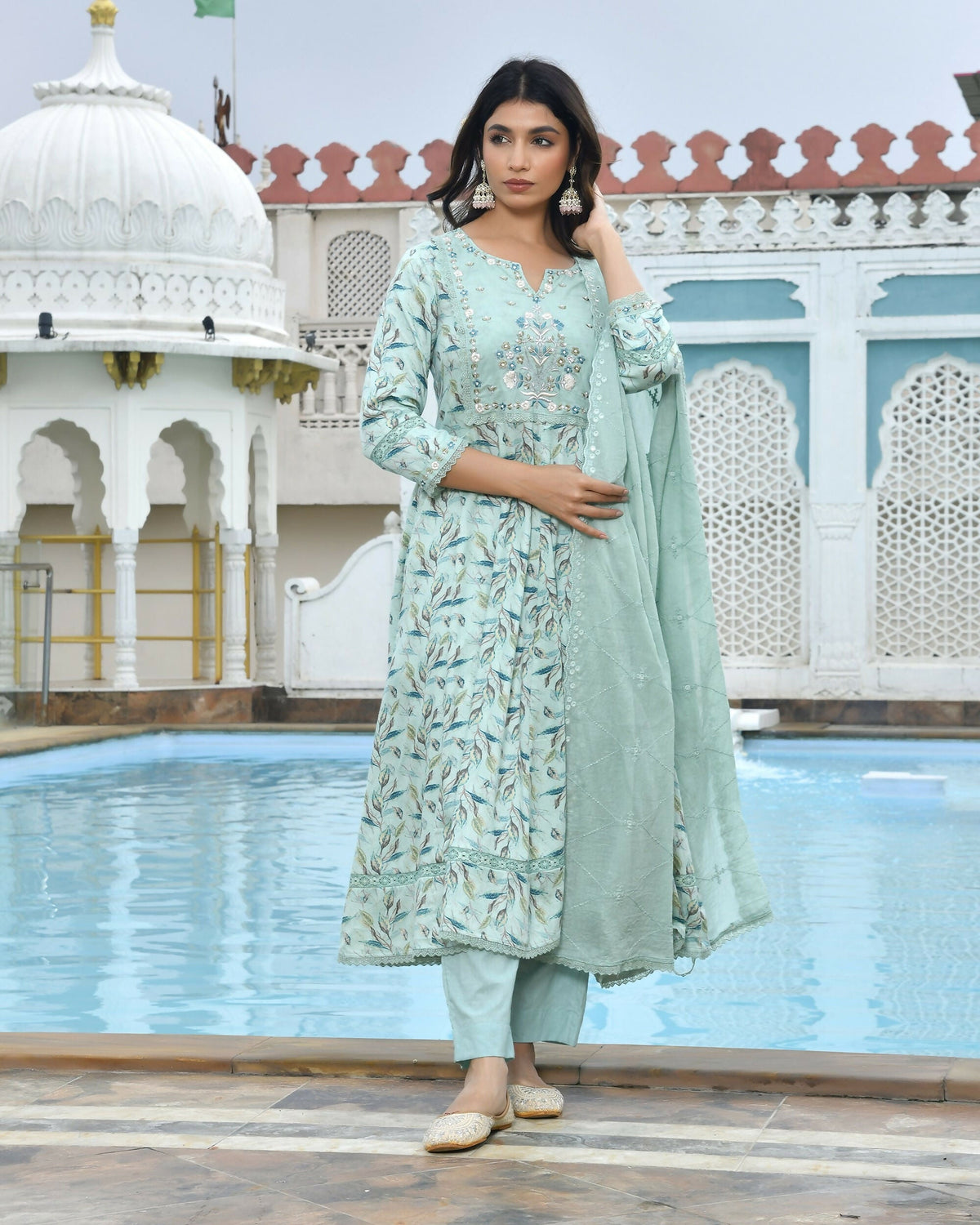 Vaasva Women's Sky Blue Cotton Anarkali Set With Solid Pant And Embroidered Dupatta | Grocsy