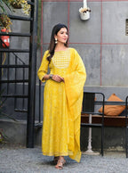 Yufta Women Yellow Handblock Printed Kurti And Trouser With Dupatta | Grocsy