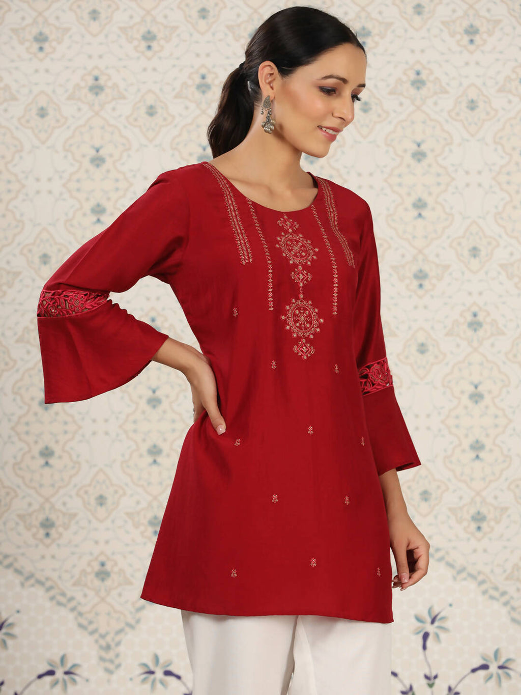 Red Chinon Embroidered Straight Top - Zeny | Grocsy