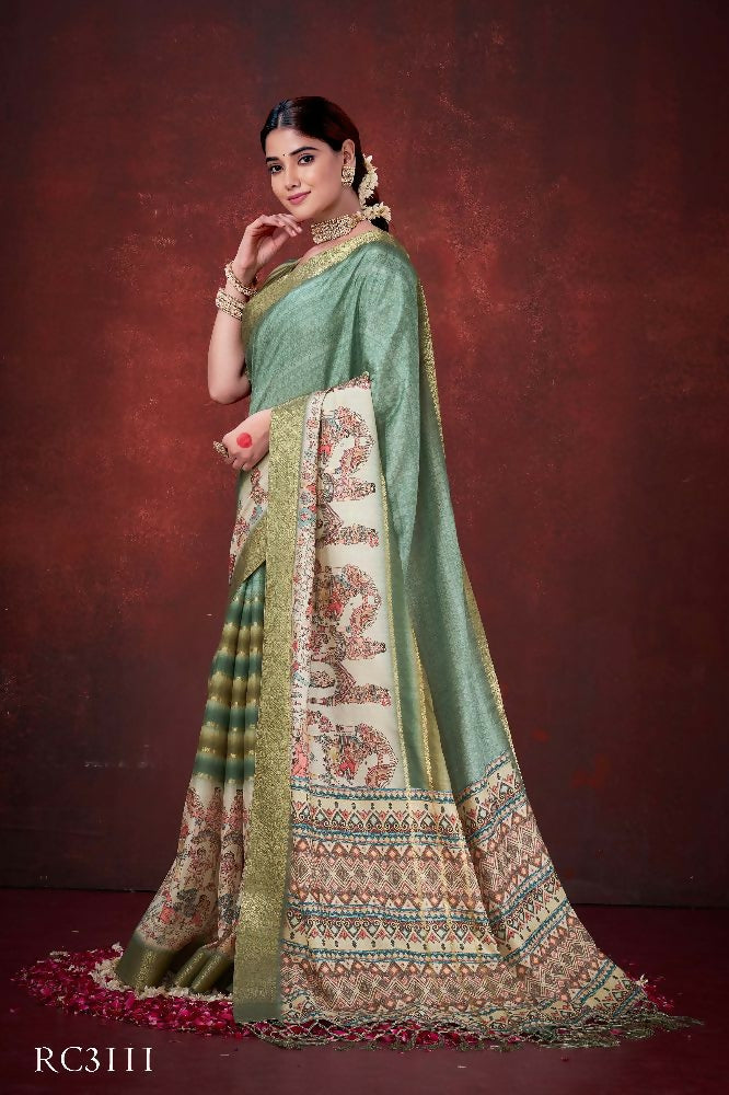 Green Poly Habotai Silk Foil Print Saree with Unstitched Blouse - Kathari | Grocsy