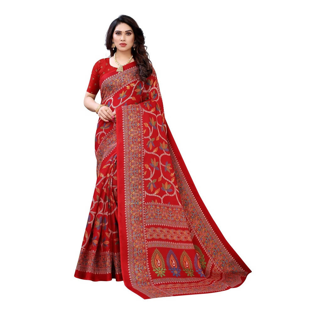 Vamika Printed Jute Silk Red Saree (Rishika Red) | Grocsy