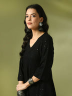Myshka Women's Black Embroidered Cotton A-Line Party Kurta Set | Grocsy