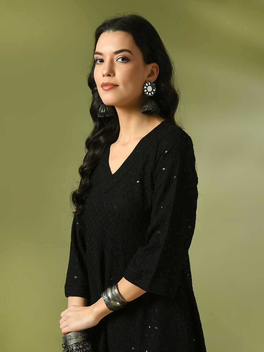 Myshka Women's Black Embroidered Cotton A-Line Party Kurta Set | Grocsy