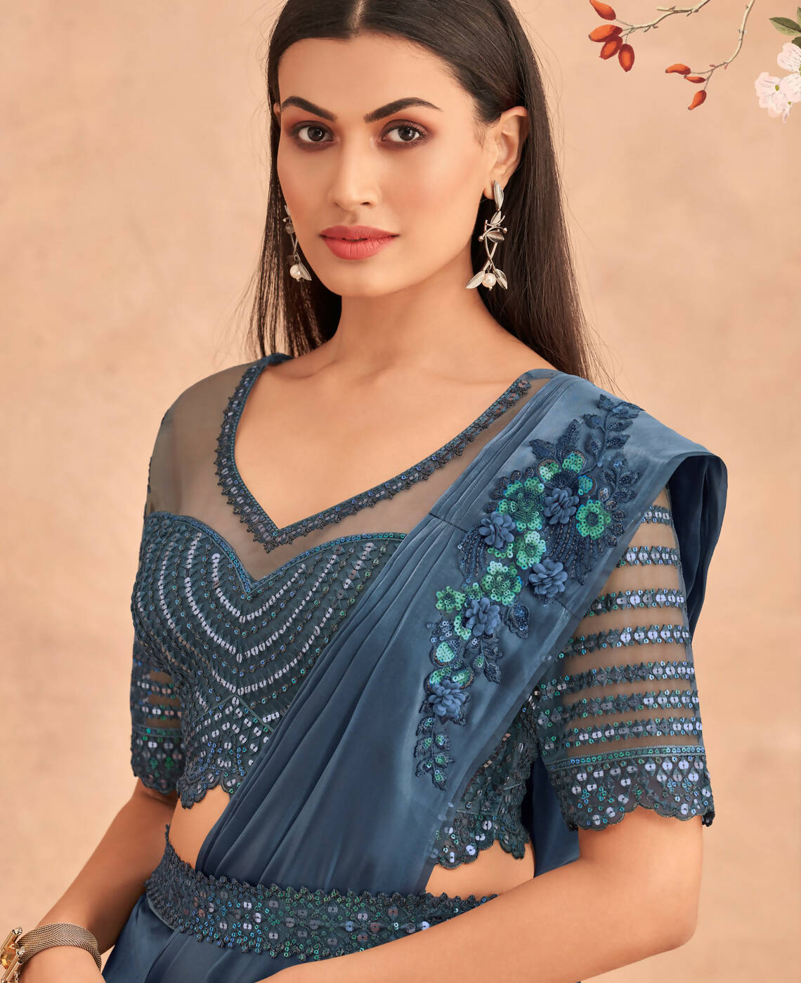 Navy Blue Satin Embroidered Ready To Wear Saree With Unstitched Blouse Piece - Nandika | Grocsy