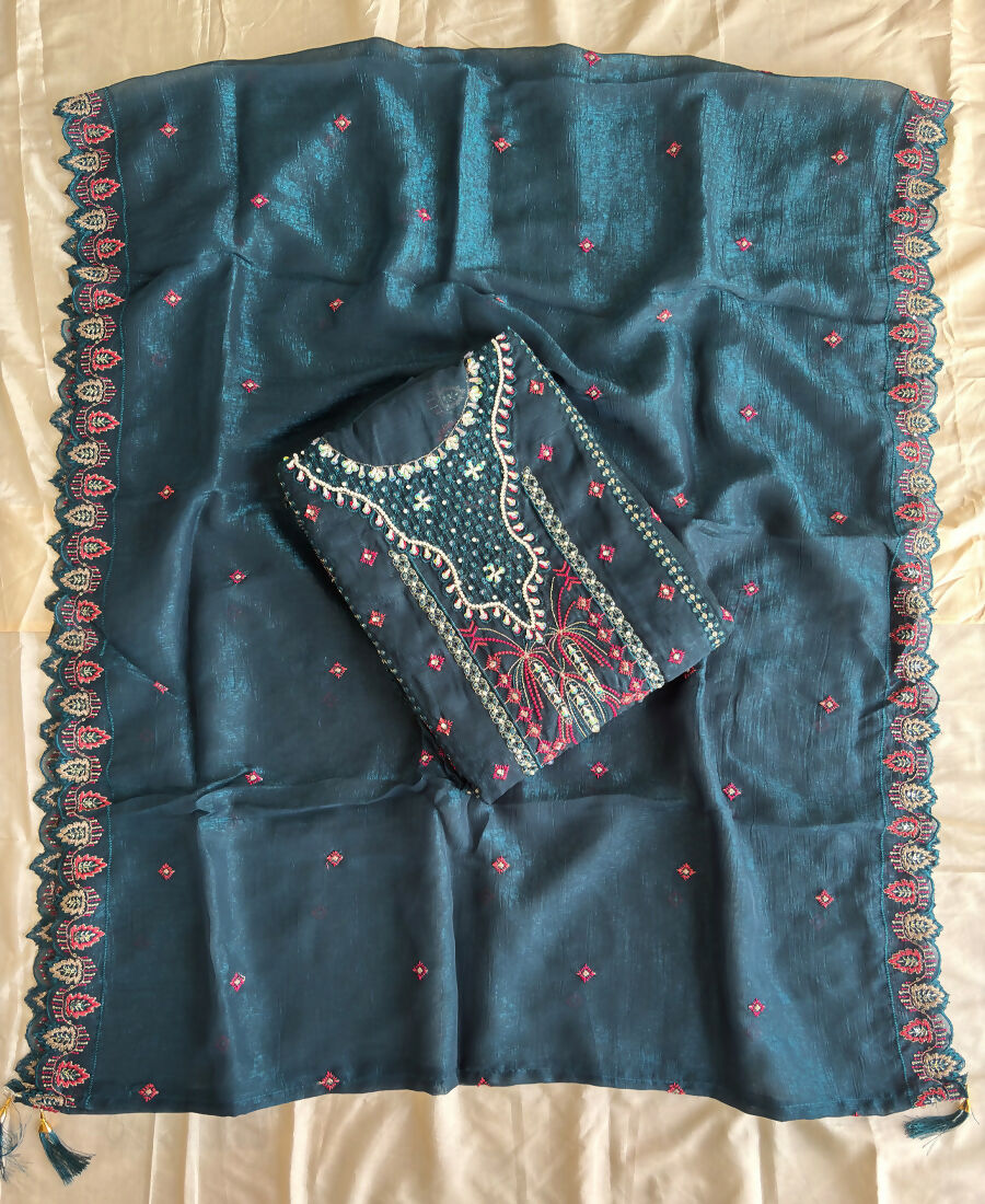 KC Teal Blue Pakistani Crunchy Silk Heavy Salwar Kameez For Women | Grocsy