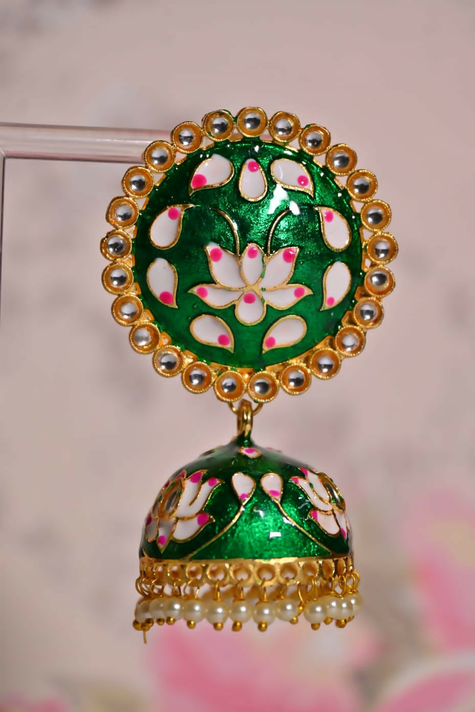 Green Round Shape Ethnic Meenakari Jhumki Earrings By House of Ree - Swadesiicart