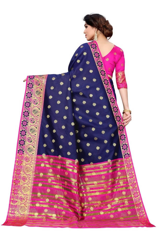 Vamika Cotton Rich Silk With Jacquard Weaving Navy Blue Saree | Grocsy