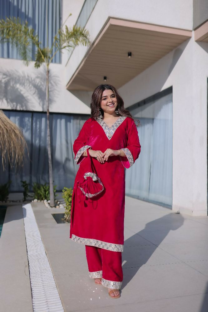 Joban Fashion Pink Kurta Set Velvet Sequins , Zari, Coding & Thread Embroidered work | Grocsy