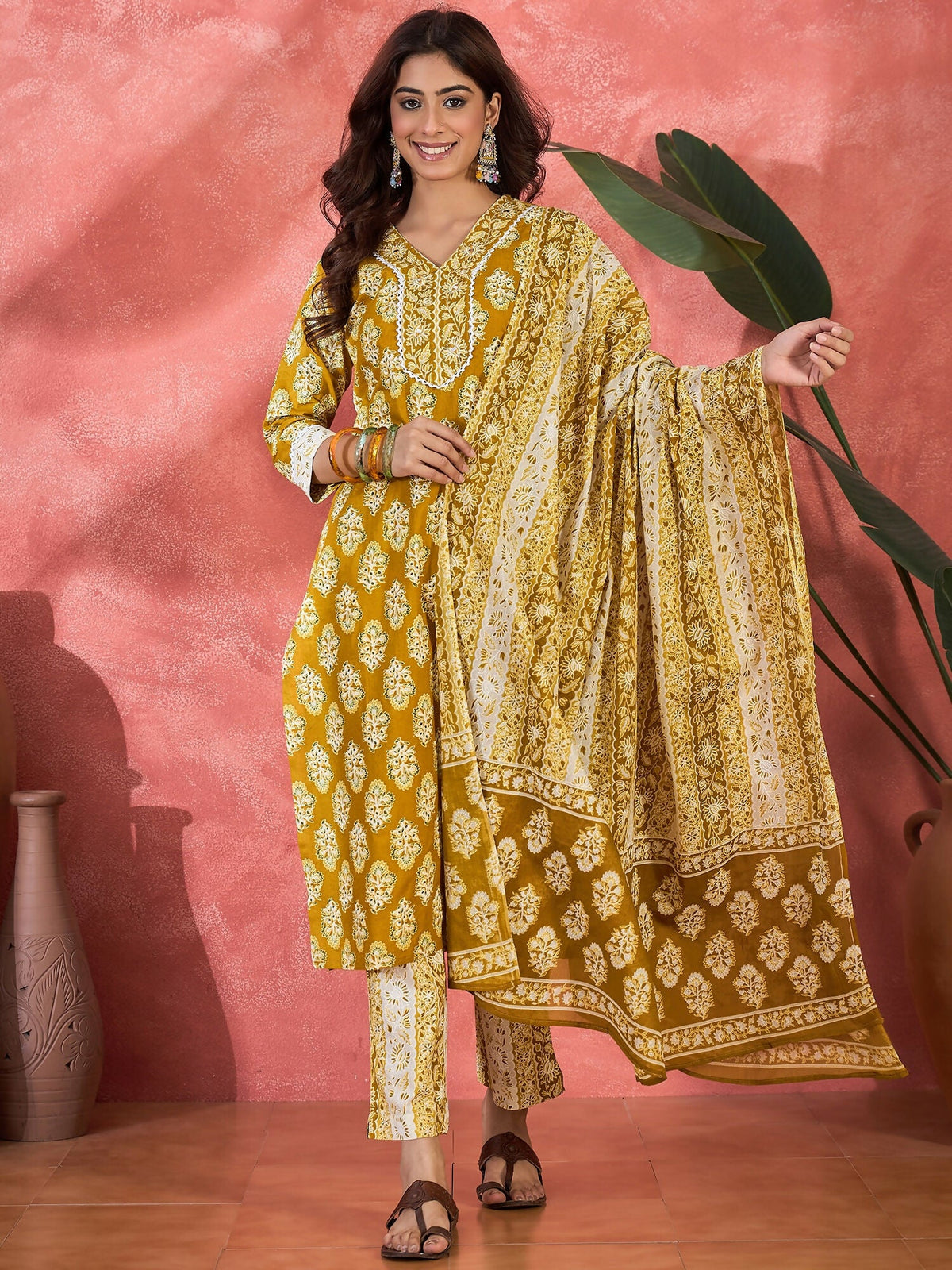 Joban Fashion Printed Mustard Pure Cotton Kurta Set | Grocsy