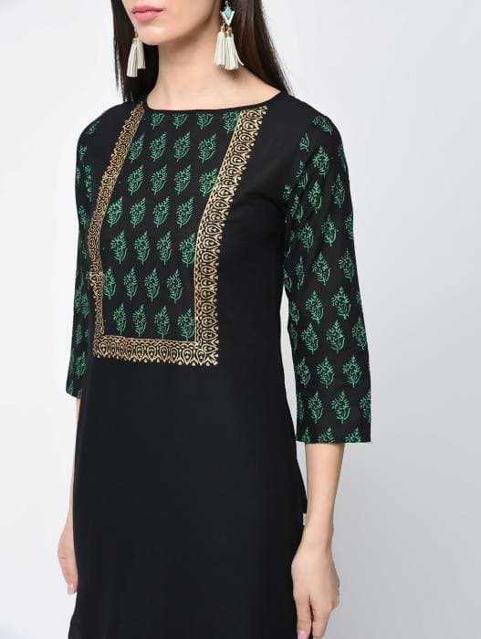 Aniyah Cotton Block Printed Black Straight Kurta (AN-131K) | Grocsy