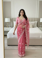 Teeya Creation Womens Latest Stylish Party Wear Soft Net Saree-Peach | Grocsy