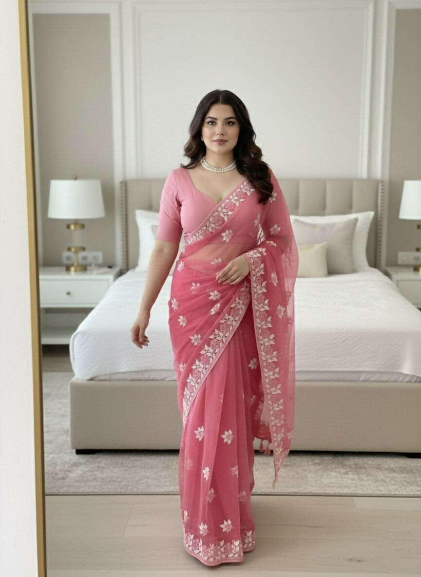 Teeya Creation Womens Latest Stylish Party Wear Soft Net Saree-Peach | Grocsy