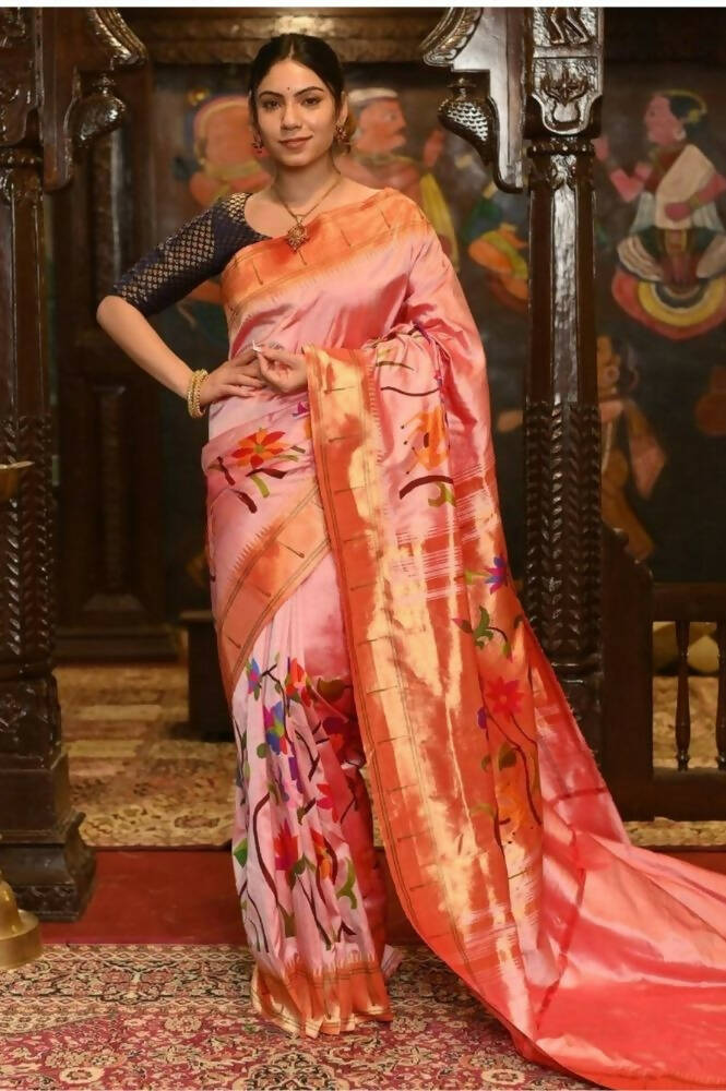 Very Much Indian Pure Silk Intricately Woven Handloom Paithani-Pretty Peach | Grocsy