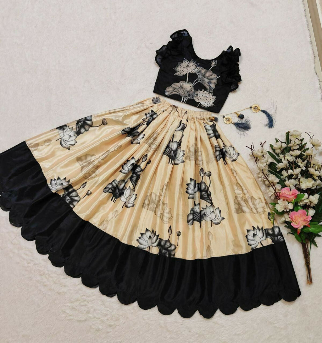 Jyoti Fashion Classy Cream Chinon Silk Digital Print with Border Work Kids Lehenga Choli Set | Grocsy