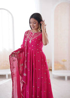 Teeya Creation Pink Color Roman Silk Embroidery Work Party Wear Gown | Grocsy
