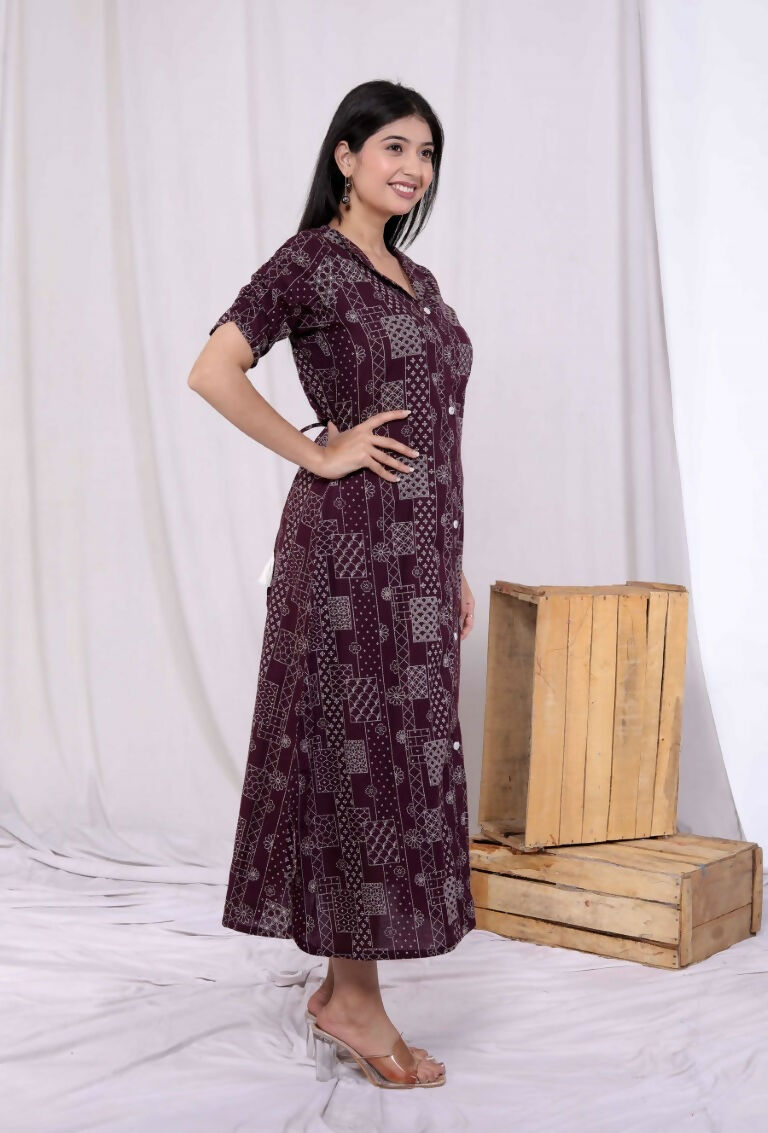 Miravan Women's Wine Mandarin Neck Floral Printed A-Line Party wear Maxi Dress | Grocsy
